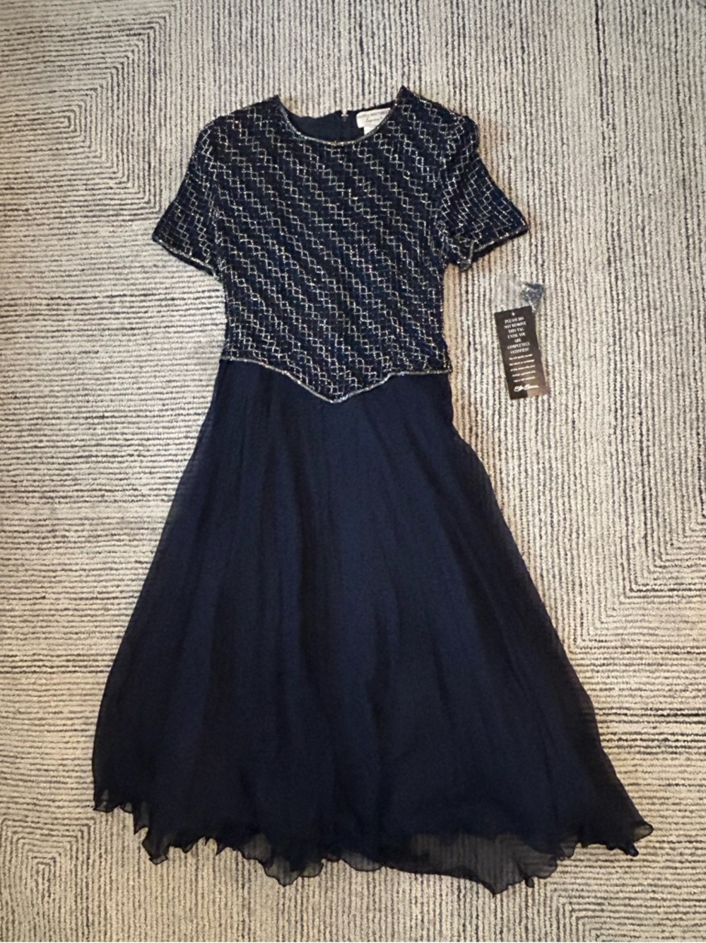 Papell Boutique Evening Navy Beaded Short Sleeve Evening Dress Size 10